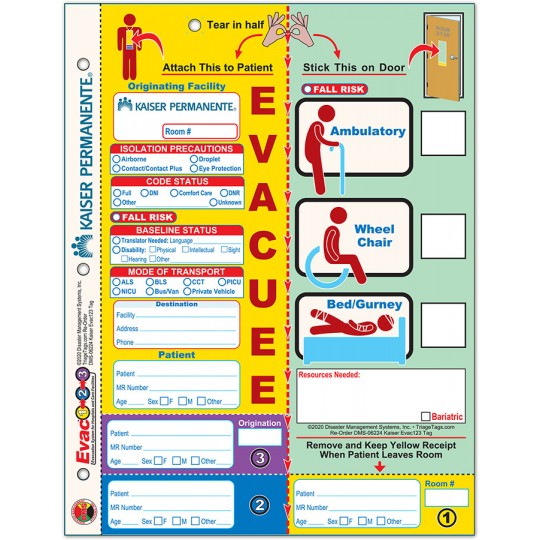 Evac123® Patient Evacuation Tag - Kaiser Permanente Version